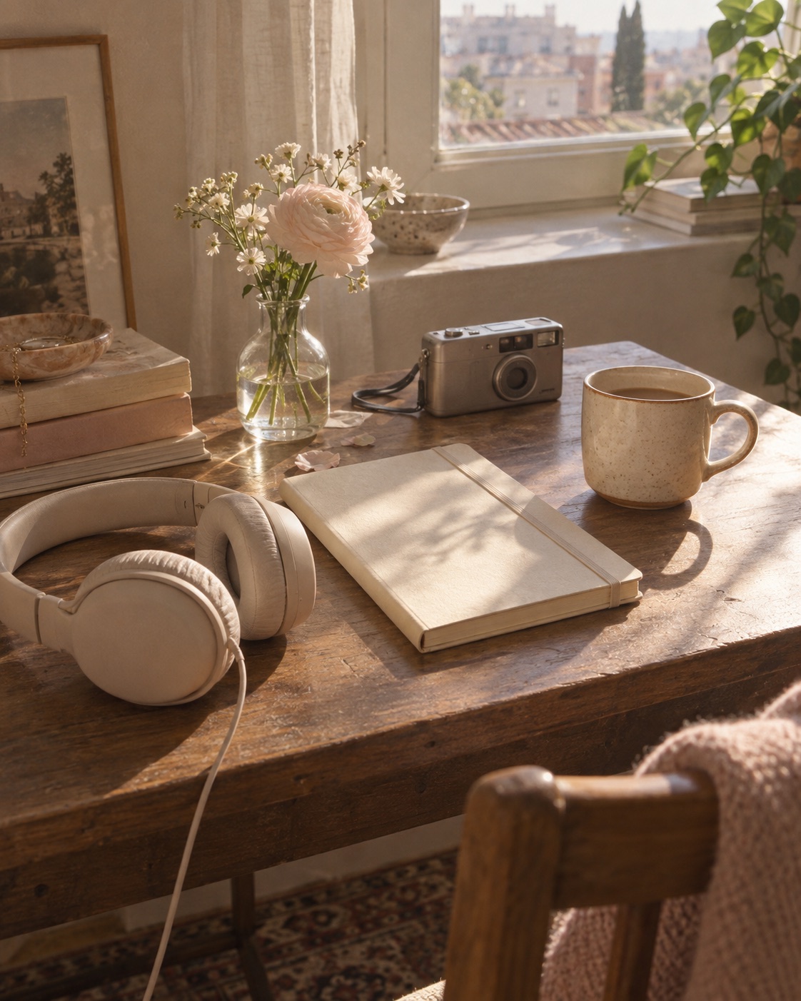Headphones, a notebook, flowers, and a camera on a sunlit table