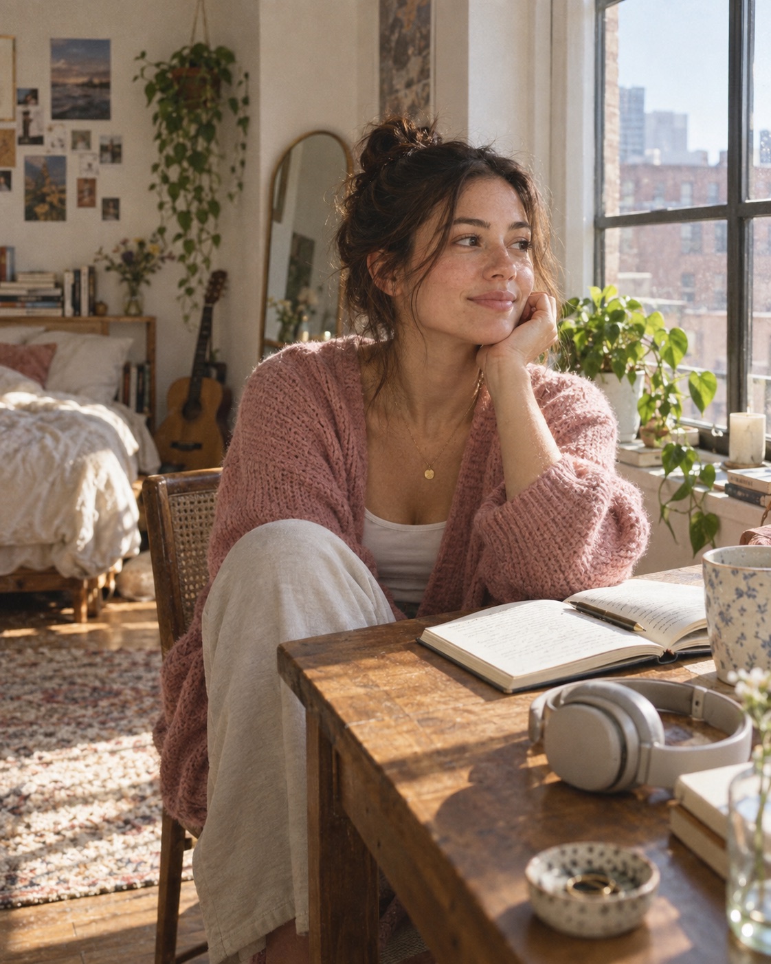 A woman sitting at a sunlit table with a journal and headphones